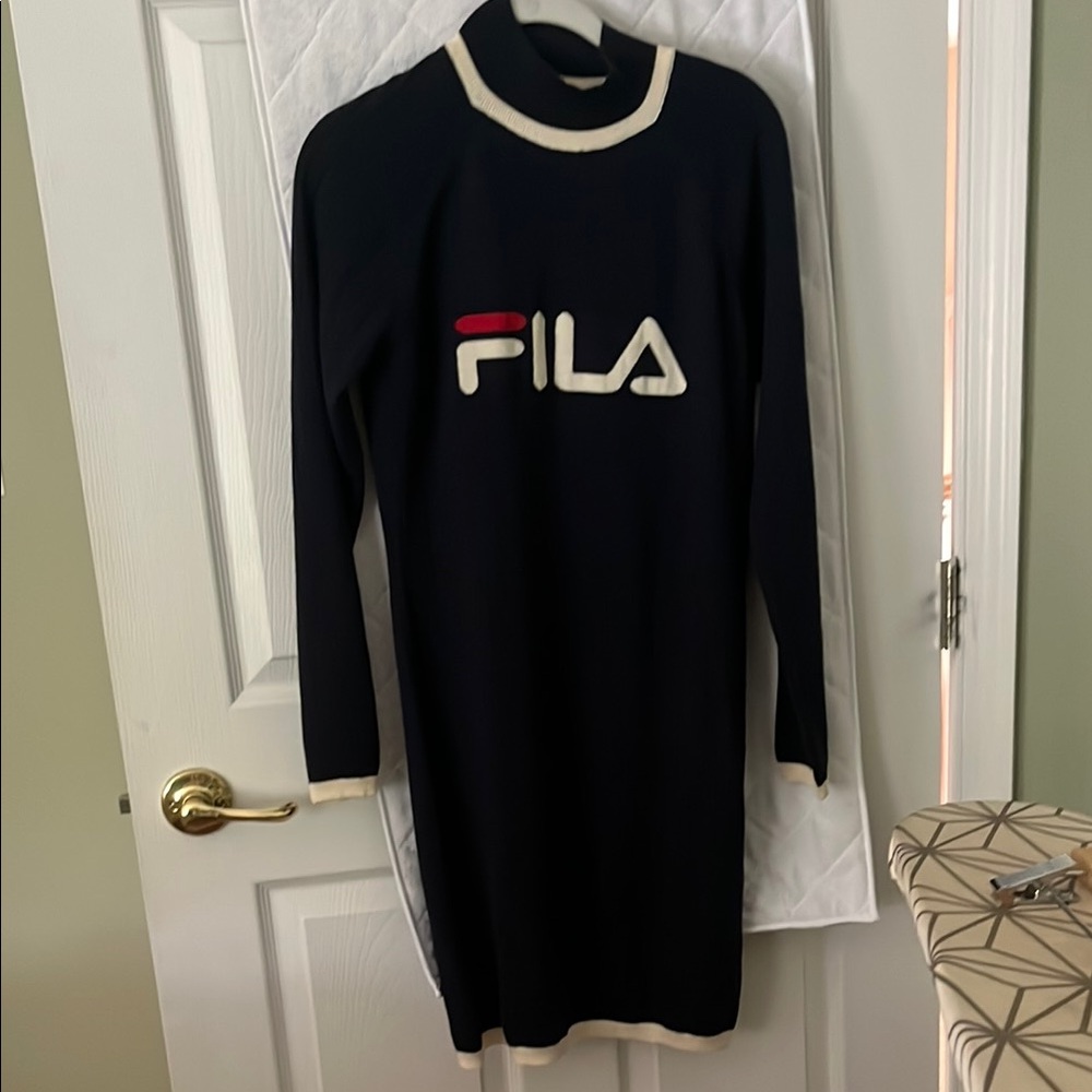 NWOT Fila navy Knit Logo Dress with Cream Trim and Red Accent